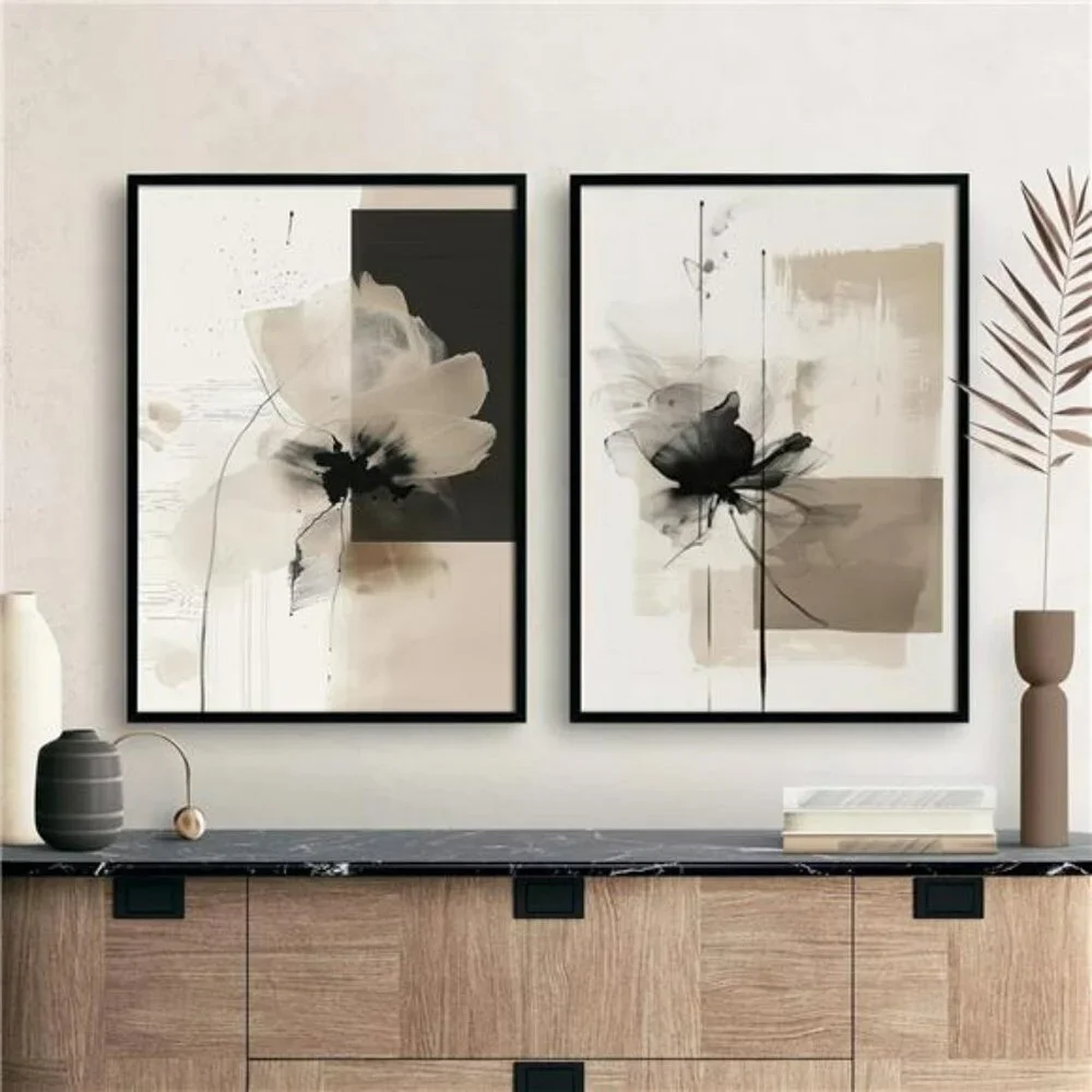Modern abstract floral wall art neutral beige black canvas prints set of 2 decor